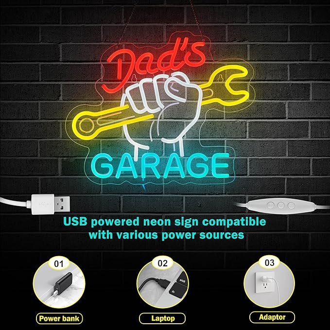 Dad's Garage Neon Sign for Wall Décor LED Car Signs for Auto Repair Shop Man Cave Workshop Decor for Fathers Gift