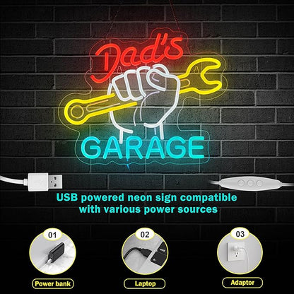 Dad's Garage Neon Sign for Wall Décor LED Car Signs for Auto Repair Shop Man Cave Workshop Decor for Fathers Gift