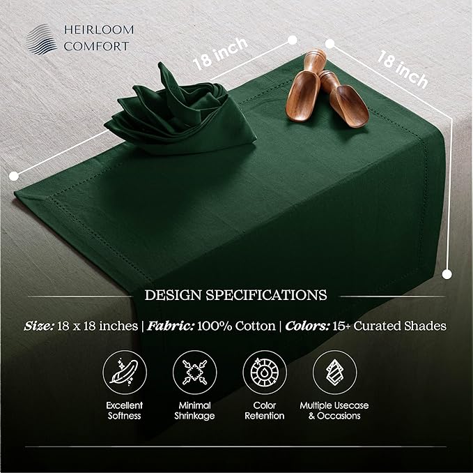 Forest Green Cloth Napkins 18x18 Inches, 6 Pack - Reusable, Absorbent, Durable, Soft, Washable - Hemstitch Mitered Edges - Perfect for Dinner, Fall, Weddings, Holiday, Everyday Use