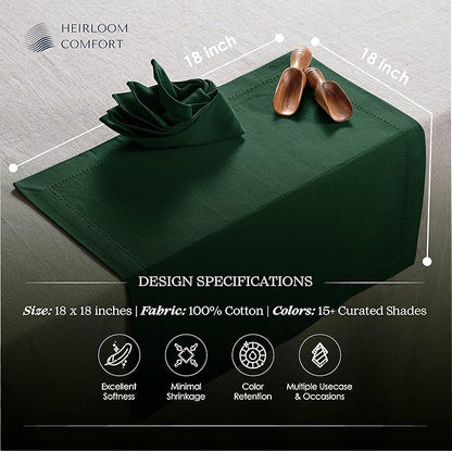 Forest Green Cloth Napkins 18x18 Inch - 12 Pack - 100% Cotton, Soft, Durable, Absorbent, Washable, Reusable - Hemstitch Mitered Edges - Perfect for Weddings, Fall, Dinner, Everyday