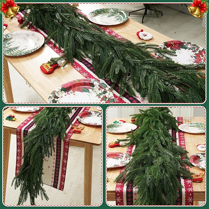 2 PCS-9FT Artificial Norfolk Pine Garlands - Real Touch Winter Pine Garland, Green Artificial Greenery Garland for Table, Mantle, Wall, Indoor, Outdoor Christmas Decorations