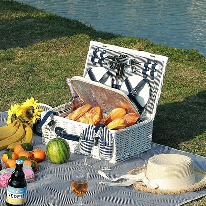 Picnic Basket for 4 Persons with Waterproof Picnic Blanket and Insulated Cooler, Large Wicker Picnic Basket for Camping, Outdoors, Valentine's Day, Christmas, Birthday, Wedding Gift