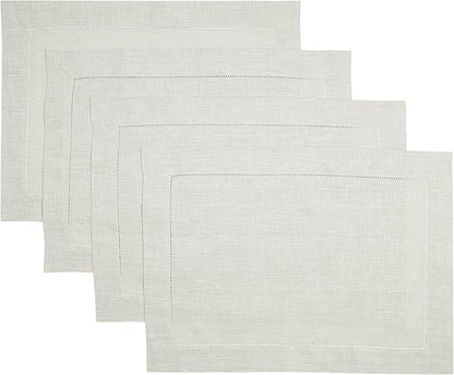 D'Moksha Homes Silver Grey Linen Cloth Placemats Set of 4-100% Pure Linen Hemstitch Placemats 14 x 19 Inch - Classic Hemstitch Table Place Mats for Christmas - Handcrafted and Machine Washable