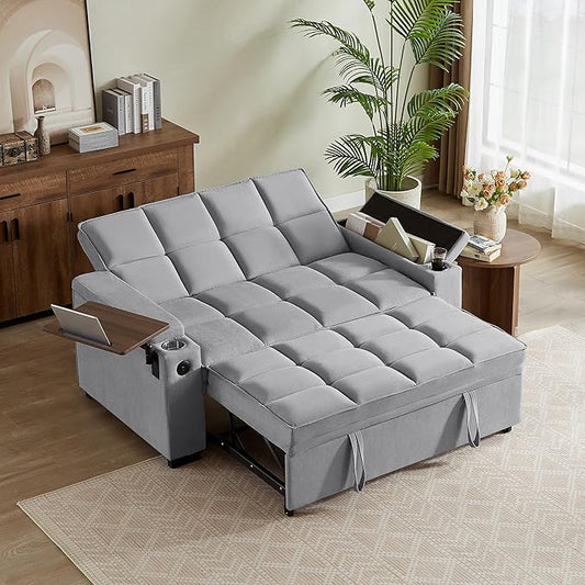 66" Multi-Functional Pull-Out Sofa Bed with Hidden Side Table, Storage Armrests, Built-in Charging Port, Spring Mattress, Solid Wood Frame – Ideal for Small Spaces, Easy Assembly