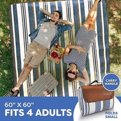 scuddles 60" x 60" Extra Large Outdoor Picnic Blanket – Waterproof, Foldable Travel Mat for Beach, Camping, Grass, Lawn, Park, Summers – Dual Layer, Soft Throw Rug Fits 4 Adults
