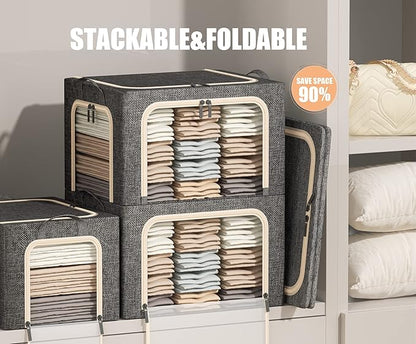 3 Openings Clothes Storage Bins with Metal Frame, Foldable Storage Bin for Clothes, Clothing Storage Bins with Lid, Linen Storage Box With Clear Window＆ Zippers＆ Durable Handles.(3 Pcs,Dark Grey,40L)