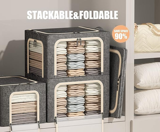3 Opeings Large Clothes Storage Bins with Metal Frame, Foldable Storage Bin for Clothes, Clothing Storage Bins with Lid, Linen Storage Box With Clear Window＆ Zippers＆ Handles.(3 Pcs,Dark Grey,66L)