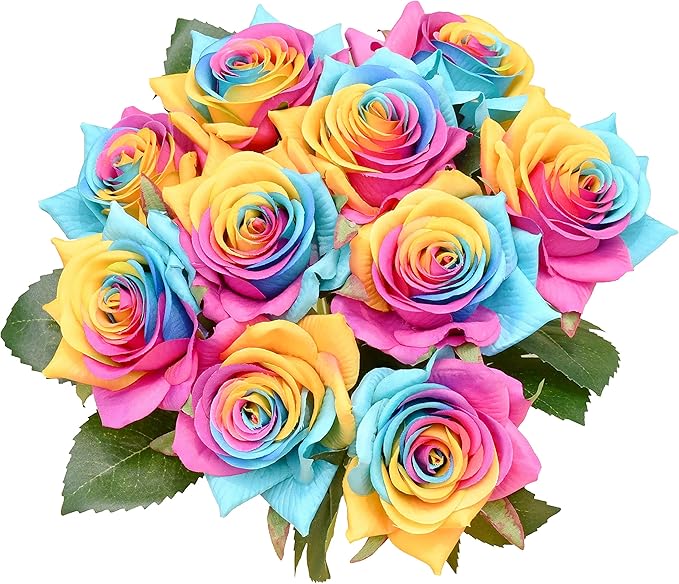 Mandy's Artificial Rainbow Rose 10 Stems Silk Flowers with Bendable Plastic Stems for Wedding Centerpieces Home Decor Gifts 13.5 Inch