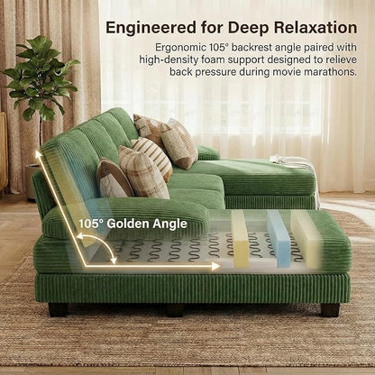 Homall Modular Sectional U Shaped Sofa Couches for Living Room, Comfy Corduroy 4 Seat Sofa Set with Removable Pillows, Lounge Chaise Upholstered Couch for Apartment (Corduroy, Dark Green)