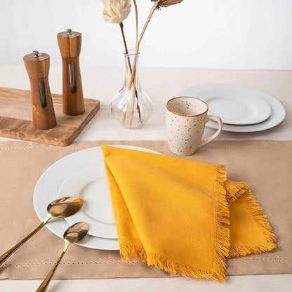 Blue Needles Handmade Cotton Linen Cloth Napkins with Fringes - Set of 6 Golden Yellow Dinner Table Napkins 18x18 Inch Hemmed Edges Washable Soft Reusable Perfect for Fall Thanksgiving & Family Dinner