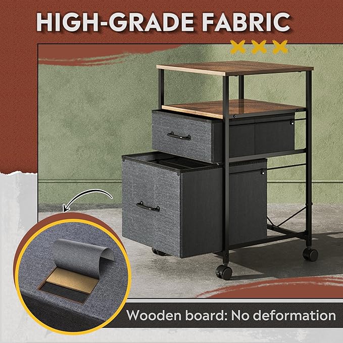 DEVAISE Mobile File Cabinet, Rolling Printer Stand with Open Storage Shelf, Fabric Vertical Filing Cabinet fits A4 or Letter Size for Home Office, Rustic Brown