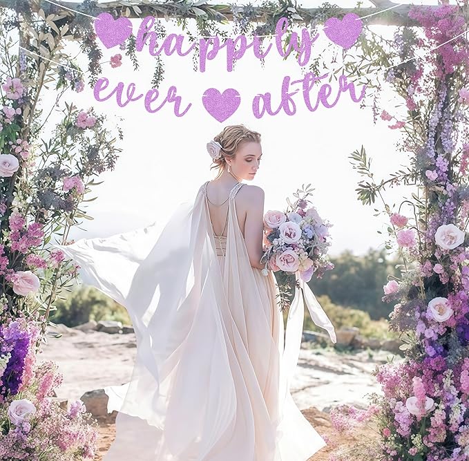 Pre-Strung Happily Ever After Banner - Purple Glitter Bachelorette Bridal Engagement Party Decoration Supplies, Bachelorette Wedding Party Banner for Engagement, Bridal Shower, Wedding Party Photo Booth Props