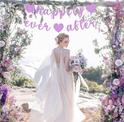 Pre-Strung Happily Ever After Banner - Purple Glitter Bachelorette Bridal Engagement Party Decoration Supplies, Bachelorette Wedding Party Banner for Engagement, Bridal Shower, Wedding Party Photo Booth Props