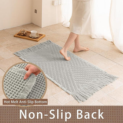 Waffle Bath Mat Non Slip, Boho Runner Rug, Super Absorbent Quick Dry Long Bath Runner Bathroom, Soft Farmhouse Bath Rug with Tassels, Washable Shower Mats for Floor 24"x48", Tassels Light Grey