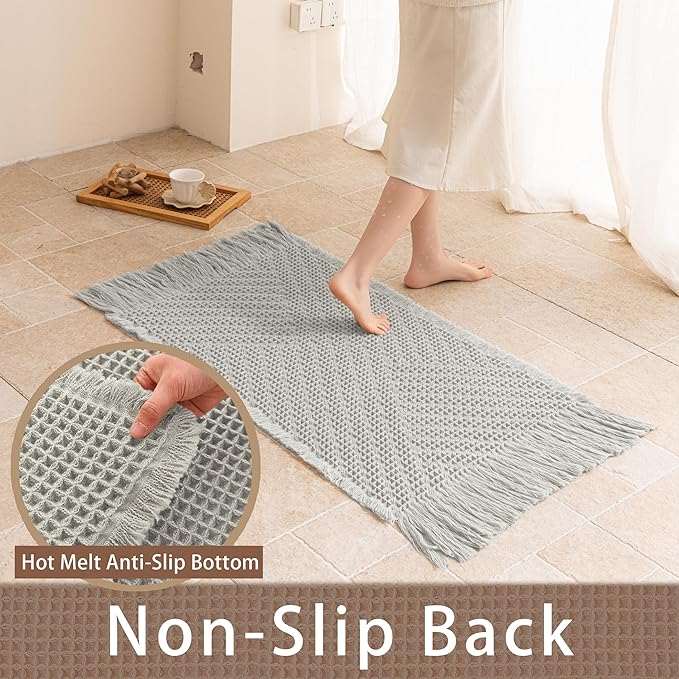 Waffle Runner Rug Non Slip, Boho Bath Mat, Super Absorbent Quick Dry Long Bath Runner Bathroom, Soft Farmhouse Bath Rug with Tassels, Washable Shower Mats for Floor 24"x72", Tassels Light Grey