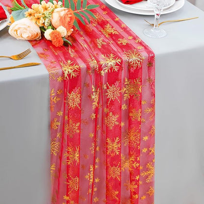 Snowkingdom Red Gold Snowflake Christmas Table Runner 120 Inches Long 10FT Sheer Tulle, Golden Snowflakes Xmas Seasonal Winter Kitchen Dining Holiday Wedding Table Decor for Home Party