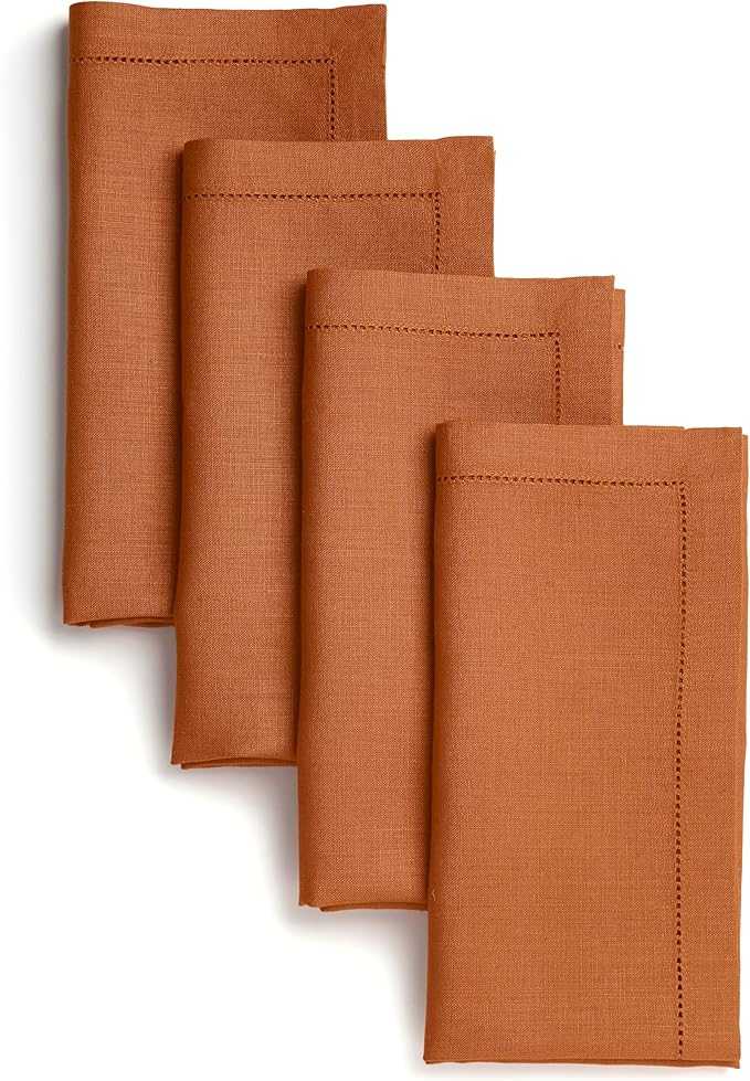 D'Moksha Homes Rust Linen Napkins Set of 4 - Classic Hemstitch 100% Pure Linen Hemstitch Dinner Napkins 20 x 20 Inch for Winter, Christmas, Holiday - Handcrafted and Machine Washable
