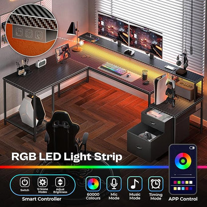 PRAISUN 66" L Shaped Gaming Desk with LED Lights & Power Outlets, Computer Desk with Fabric Drawers and Print Stand, Corner Office Desk, Monitor Stand, Mesh CPU Stand, Carbon Fiber Black