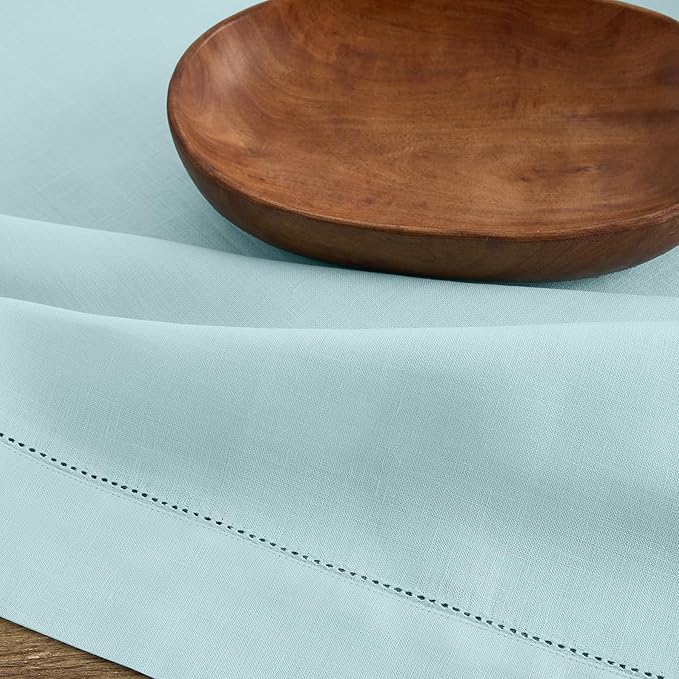 Solino Home Linen Aqua Blue Table Runner 132 Inches Long - 100% Pure Linen Extra Long Table Runner 14 x 132 Inch for Christmas, Holiday, New Year - Classic Hemstitch