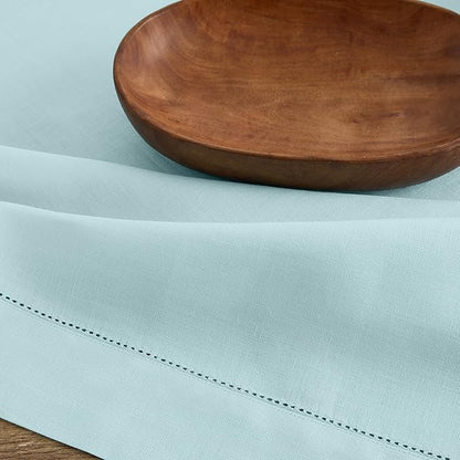 Solino Home Linen Aqua Blue Table Runner 90 Inches Long - 100% Pure Linen Hemstitch 14 x 90 Inch Table Runner for Dining, New Year - Classic Hemstitch