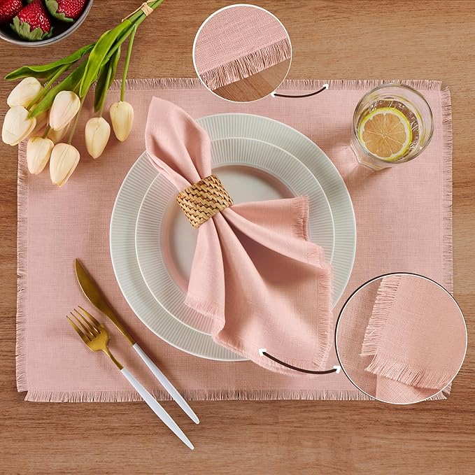 Solino Home Fringe Linen Placemats Set of 4 - Misty Pink Placemats 14 x 19 Inch - 100% Pure Linen Table Mats