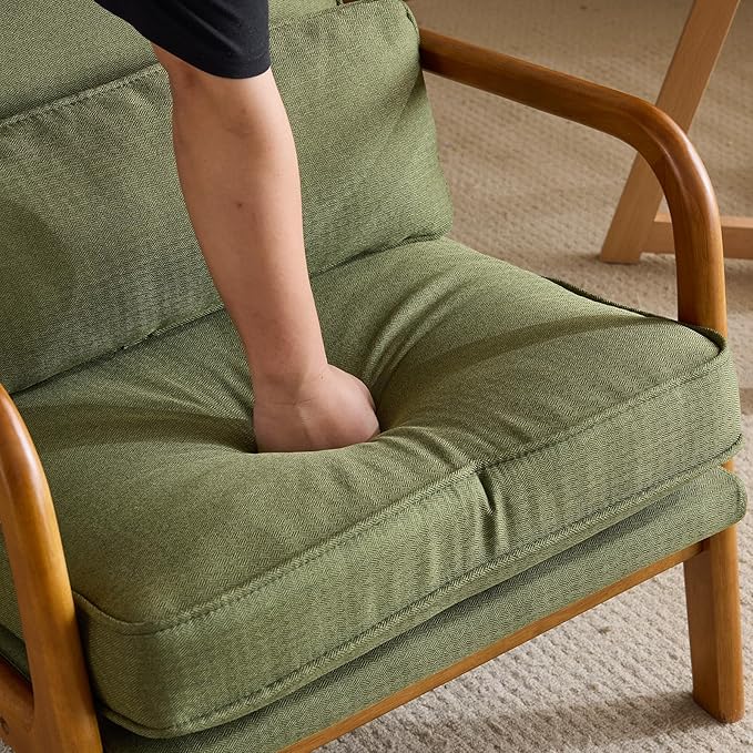 Bonnlo Dark Green Linen Mid Century Modern Accent Chair, Soild Wood Padding Lounge Armchairs Side Sitting Chairs for Living Room, Bedroom, Guest Room
