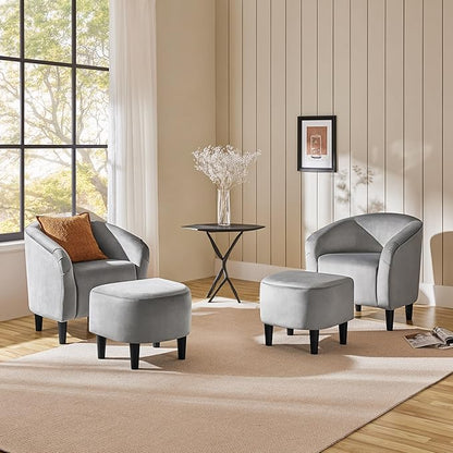 Yaheetech Accent Chair with Foot Rest, Mid Century Modern Upholstered Soft Barrel Chair Comfy Fabric Armchair and Footrest Set for Living Room/Bedroom/Reading Room, Gray, 2pcs