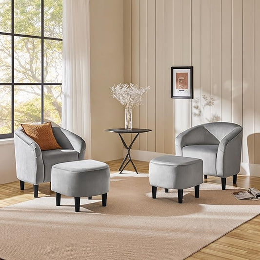 Yaheetech Accent Chair with Foot Rest, Mid Century Modern Upholstered Soft Barrel Chair Comfy Fabric Armchair and Footrest Set for Living Room/Bedroom/Reading Room, Gray, 2pcs
