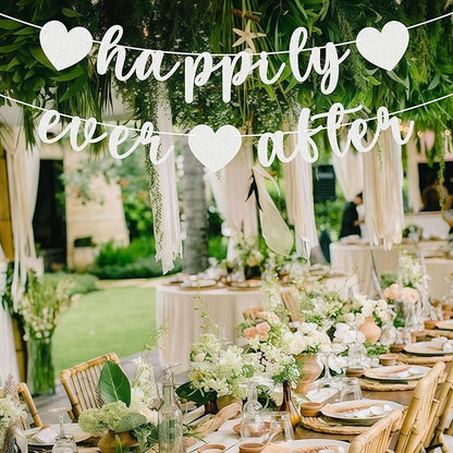 Pre-Strung Happily Ever After Banner - Silver Glitter Bachelorette Bridal Engagement Party Decoration Supplies, Bachelorette Wedding Party Banner for Engagement, Bridal Shower, Wedding Party Photo Booth Props