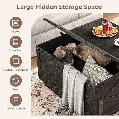 Farmhouse Lift Top Coffee Table, Square Wood Center Table with LED Lighting, USB-C Charging Station, and Hidden Storage Compartment - Rustic Black Living Room Furniture