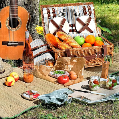 Picnic Basket for 4 Persons with Waterproof Picnic Blanket and Insulated Cooler, Large Wicker Picnic Basket for Camping, Outdoors, Valentine's Day, Christmas, Birthday, Wedding Gift