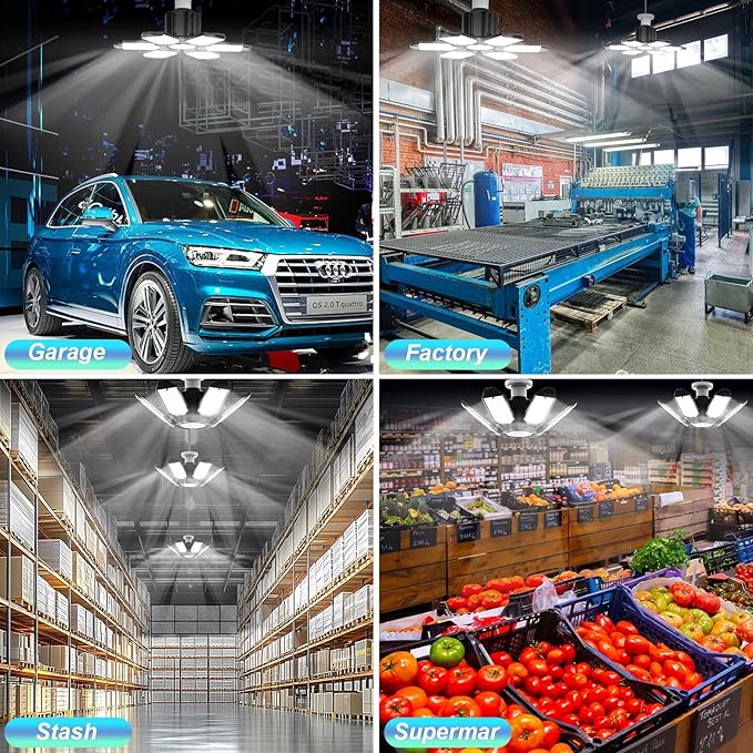Led Garage Lights 4 Pack 200W Super Bright Ceiling Led Shop Lights, E26/E27 Base, 6500K, 22000LM Deformable Garage Light Ideal for Basement, Attic and Workshop