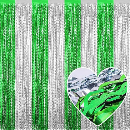 4 Pack Silver Green Fringe Curtain Backdrop 3.2Ft x 8.2Ft Metallic Tinsel Foil Fringe Streamers Background for Photo Booth Mother's Day, Easter, Carnival, Birthday, Wedding Party Decoration