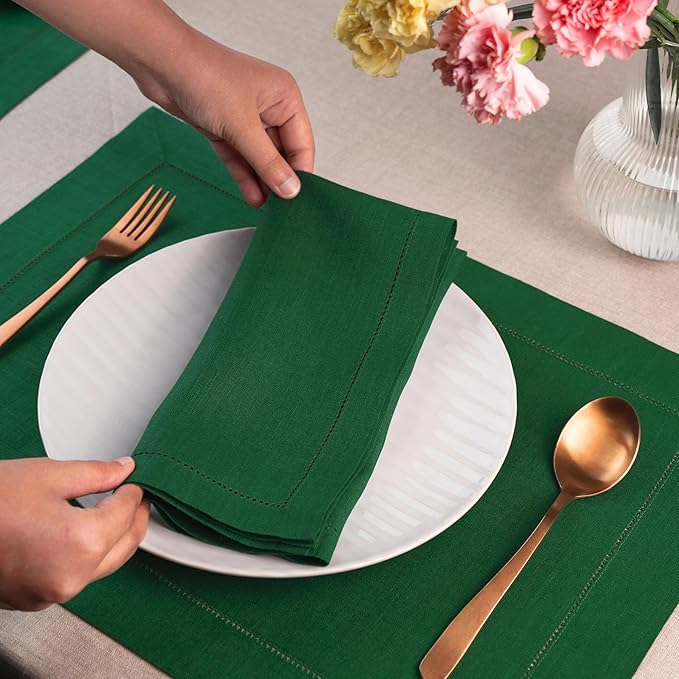 D'Moksha Homes Forest Green Linen Napkins Set of 4 - Classic Hemstitch 100% Pure Linen Hemstitch Dinner Napkins 20 x 20 Inch for Christmas, Holiday - Handcrafted and Machine Washable
