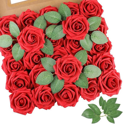 AmyHomie 25pcs Real Looking Artificial Red Roses w/Stem for DIY Wedding Bouquets Centerpieces Arrangements Party Baby Shower Valentines Day Christmas Tree Decorations