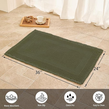 Waffle Bath Mat Non Slip, Boho Bathroom Rug, Super Absorbent Quick Dry Bathroom Mat, Soft Farmhouse Bath Rug with Tassels, Small Washable Shower Mats for Floor 24"x36", Square Olive Green