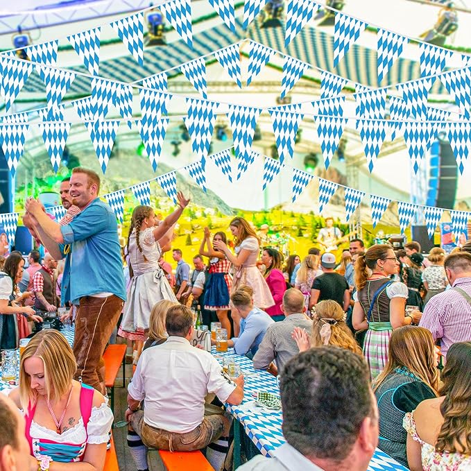 100 FT Oktoberfest Party Decorations, 3 Pack Pre-assemble Pennant Banner Flags, Plastic Blue and White Checkered Hanging Oktoberfest Decor German Bavarian Beer Festival Indoor Outdoor Party Supplies