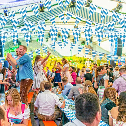 100 FT Oktoberfest Party Decorations, 3 Pack Pre-assemble Pennant Banner Flags, Plastic Blue and White Checkered Hanging Oktoberfest Decor German Bavarian Beer Festival Indoor Outdoor Party Supplies