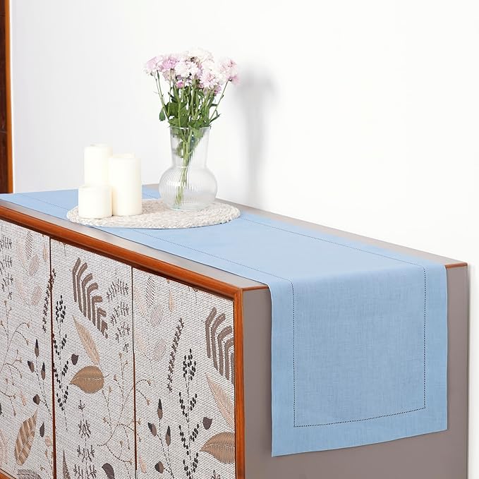 D'Moksha Homes Linen Powder Blue Table Runner 72 Inches Long - 100% Pure Linen Hemstitch Table Runner 14 x 72 Inch for Dresser, Dining, Winter, Christmas, Holiday - Classic Hemstitch
