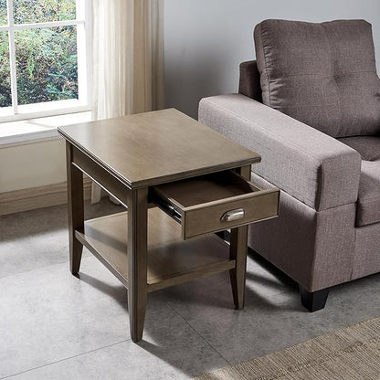 Leick Home Laurent End Table, Solid Wood, with Shelf and Drawer, Smoke Gray, 10507-GR