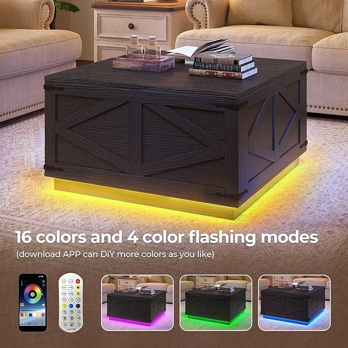 Farmhouse Lift Top Coffee Table, Square Wood Center Table with LED Lighting, USB-C Charging Station, and Hidden Storage Compartment - Rustic Black Living Room Furniture
