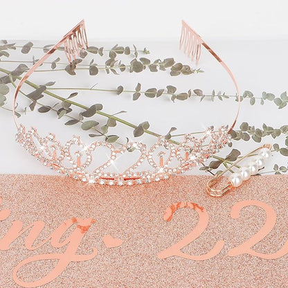 CIEHER 22nd Birthday Sash and Tiara Rose Gold, 22nd Birthday Decorations for Women 22nd Birthday Gifts 22nd Birthday Sash 22 Year Old Birthday 22nd Birthday Cake Topper