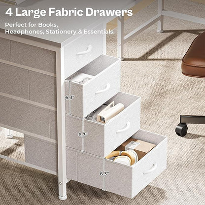 Huuger 63 Inch L Shaped Desk with Fabric Drawers, Reversible Computer Gaming Desk with Power Outlets and USB-C Port, Adjustable Side Storage Shelves, for Work Study Corner Home Office, White