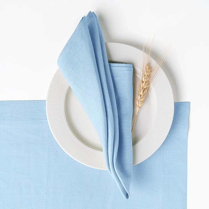 D'Moksha Homes Powder Blue Linen Napkins 18 x 18 Inch - 100% Pure Linen Cloth Washable Dinner Napkins Set of 4 for Winter, Christmas, Holiday