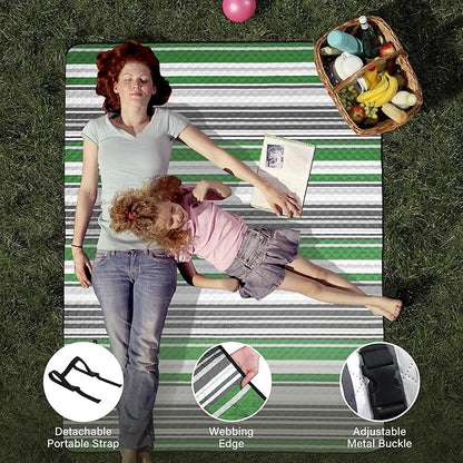HX&OD Large Picnic Blanket Outdoor 80”x60” Waterproof Picnic Mat Foldable 3-Layer Camping Blanket Portable with Carry Strap Park Blanket for Grass(Green)