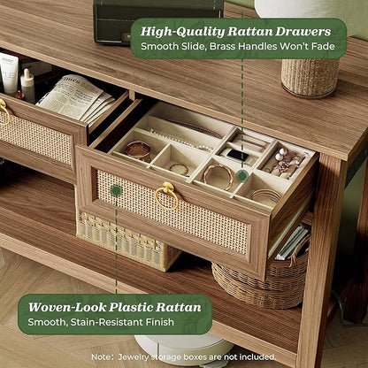 SUPERJARE Rattan Console Sofa Table with Outlets and USB-C Port, 3 Drawer Entryway Table with Synthetic Rattan Surface, Open Shelf, Behind Couch Entry Foyer Hallway Storage, Brown