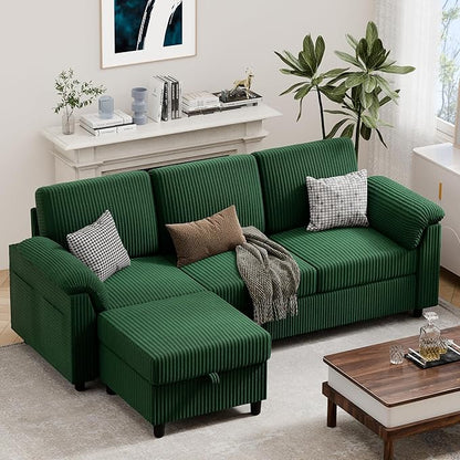 Vongrasig 79" Convertible Sectional Couch Sofa with Storage Ottoman, 3 Seat L Shaped Couch with Side Storage Pockage, Small Couches for Living Room, Apartment and Small Space (Green)