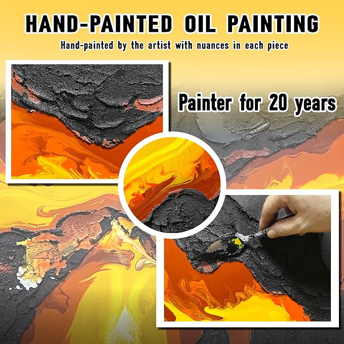 GUGIKA Abstract Wall Art for Living Room, Black and Gold Yellow Volcanic Lava Canvas Wall-Decor for Bedroom, Hand Painted 3D Textured Magma Paintings, Size 47x24 Inches