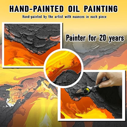 GUGIKA Abstract Wall Art for Living Room, Black and Gold Yellow Volcanic Lava Canvas Wall-Decor for Bedroom, Hand Painted 3D Textured Magma Paintings, Size 47x24 Inches