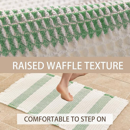 Waffle Bath Mat Non Slip, Boho Bathroom Rug, Super Absorbent Quick Dry Bathroom Mat, Soft Farmhouse Bath Rug with Tassels, Small Washable Shower Mats for Floor 16"x24", White and Green